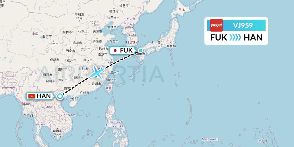 VJ959 VietJet Air Flight Map: Fukuoka to Hanoi