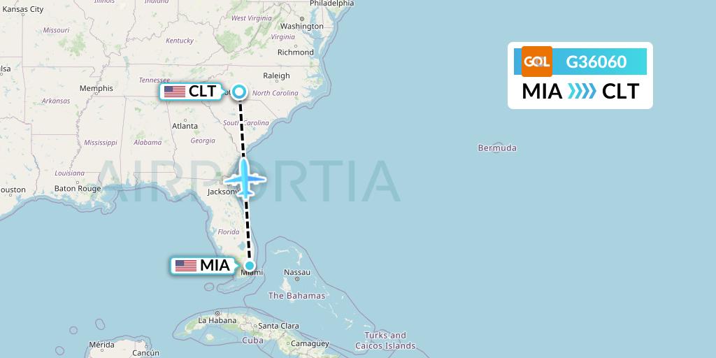 G36060 GOL Transportes Aeros Flight Map: Miami to Charlotte