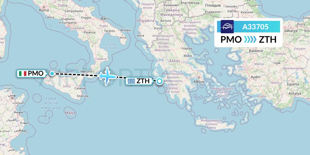 A33705 Aegean Airlines Flight Map: Palermo to Zakynthos