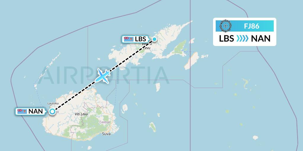 FJ86 Fiji Airways Flight Map: Labasa to Nadi