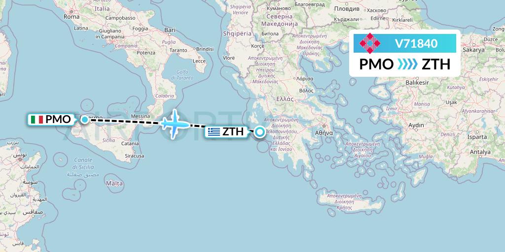 V71840 Volotea Flight Map: Palermo to Zakynthos