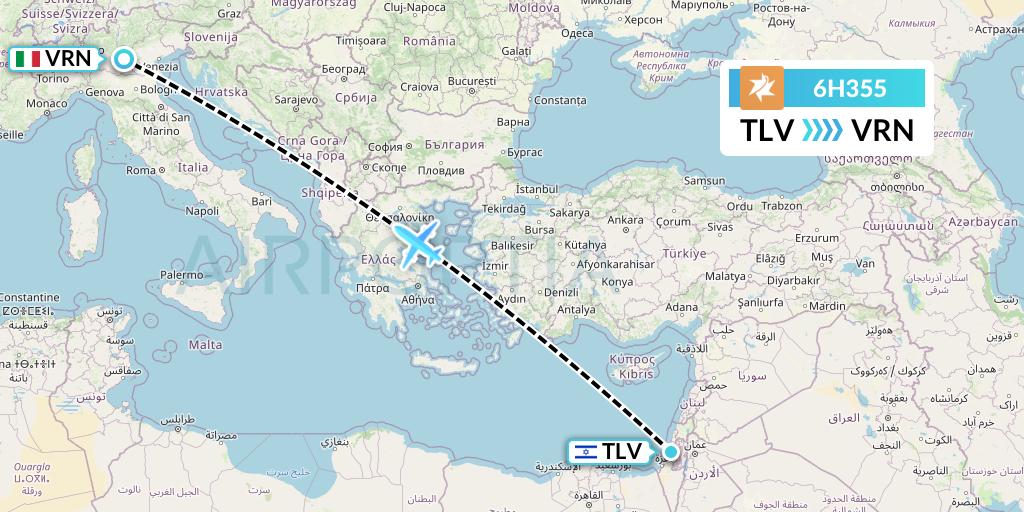6H355 Israir Airlines Flight Map: Tel Aviv to Verona