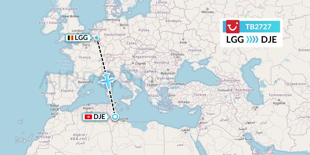 TB2727 TUI fly Belgium Flight Map: Liege to Djerba
