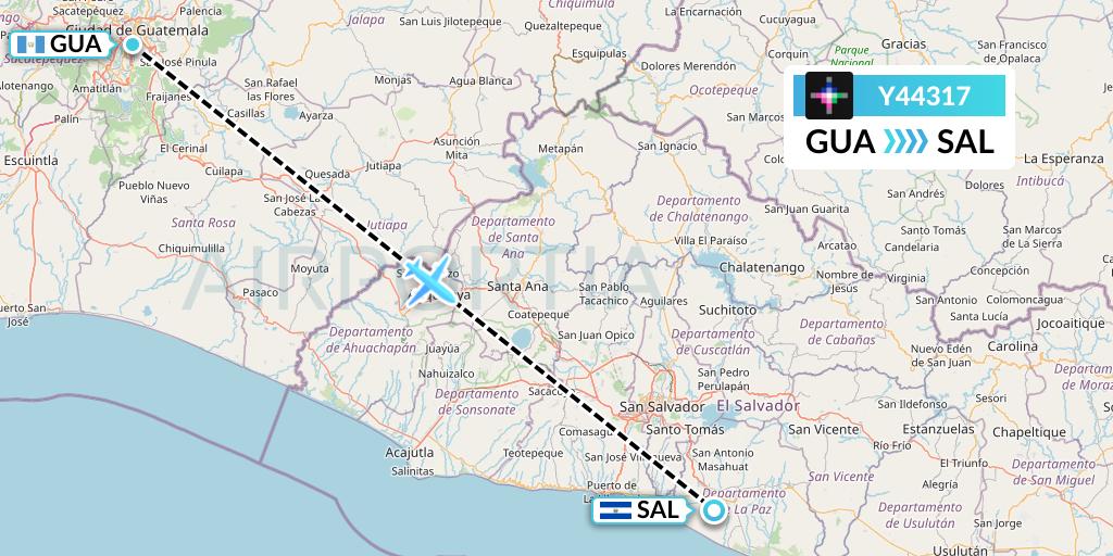 Y44317 Volaris Flight Map: Guatemala City to San Salvador