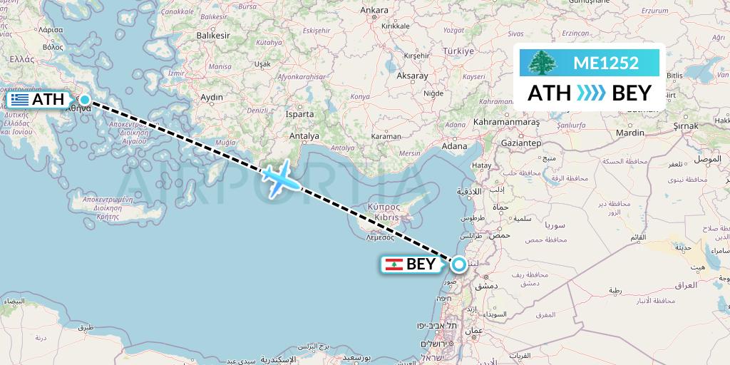 ME1252 MEA Flight Map: Athens to Beirut