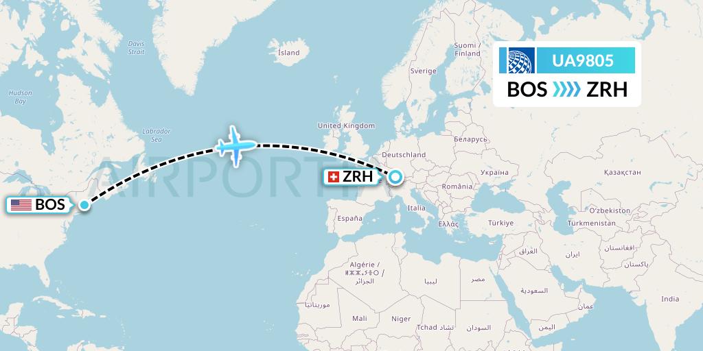 UA9805 United Airlines Flight Map: Boston to Zurich