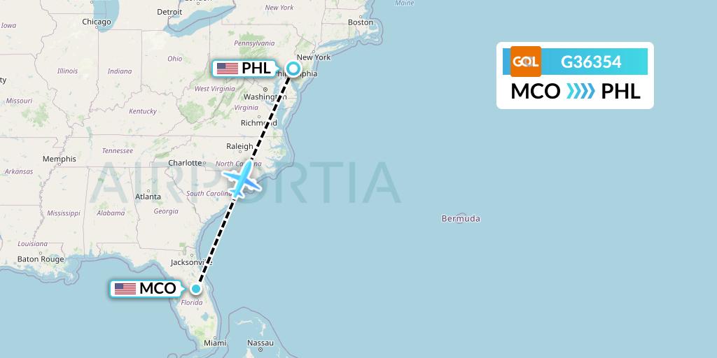 G36354 GOL Transportes Aeros Flight Map: Orlando to Philadelphia
