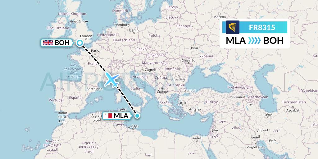 FR8315 Ryanair Flight Map: Malta to Bournemouth