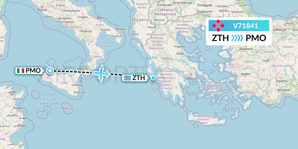 V71841 Volotea Flight Map: Zakynthos to Palermo