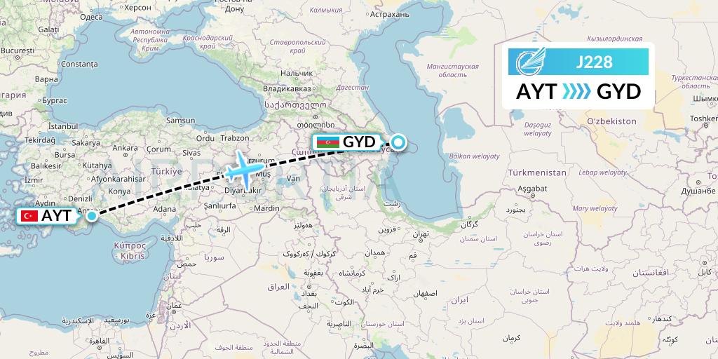 J228 Azerbaijan Airlines Flight Map: Antalya to Baku