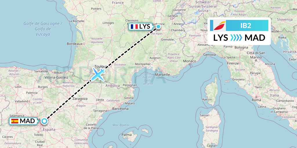 IB2 Iberia Flight Map: Lyon to Madrid