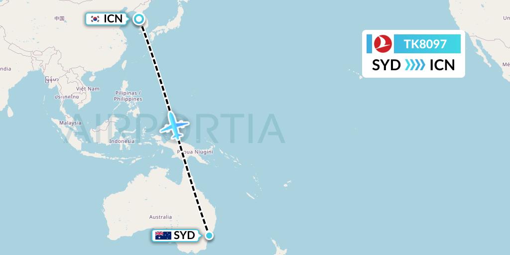 TK8097 Turkish Airlines Flight Map: Sydney to Seoul