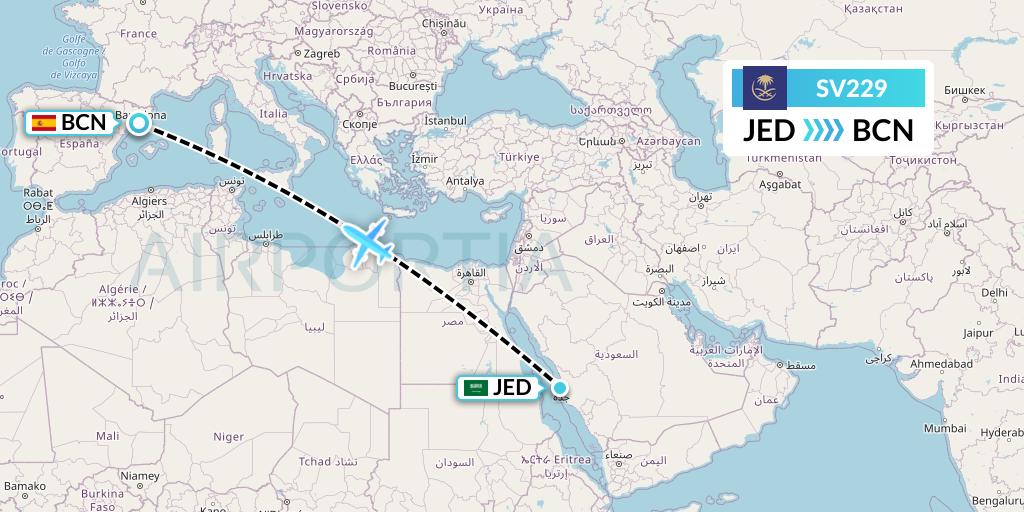 SV229 Saudi Arabian Airlines Flight Map: Jeddah to Barcelona