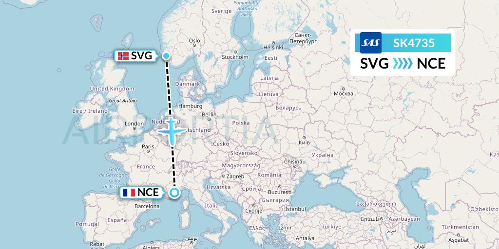 SK4735 SAS Flight Map: Stavanger to Nice