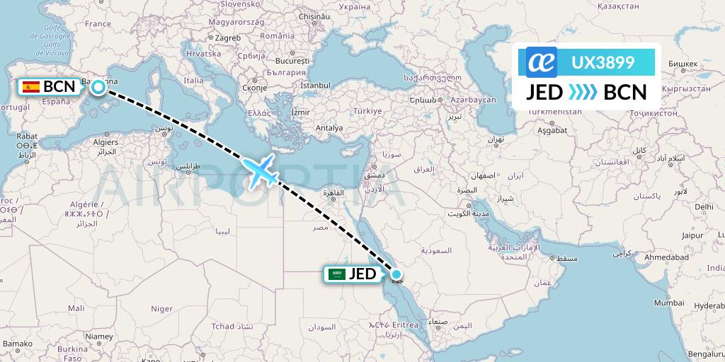 UX3899 Air Europa Flight Map: Jeddah to Barcelona