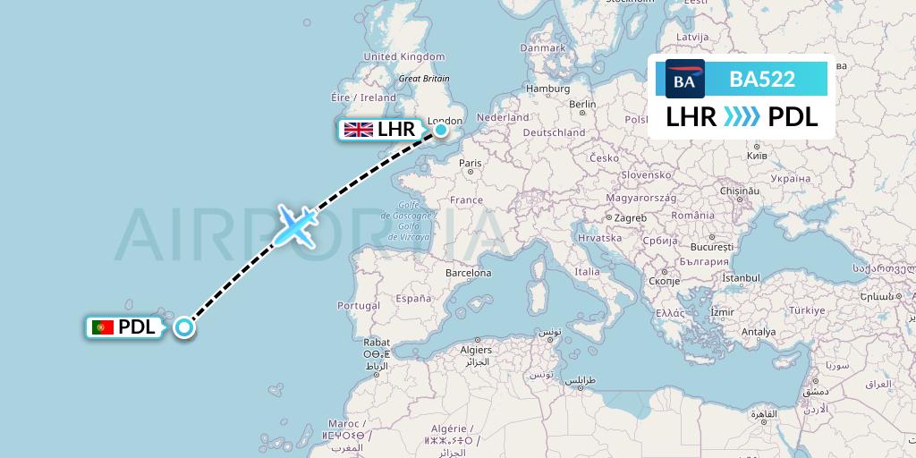 BA522 British Airways Flight Map: London to Ponta Delgada