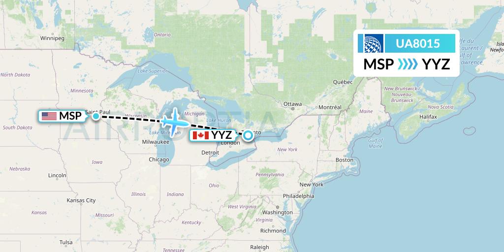 UA8015 United Airlines Flight Map: Minneapolis to Toronto