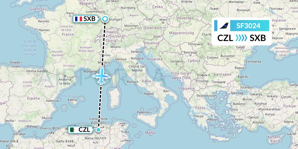 SF3024 Tassili Airlines Flight Map: Constantine to Strasbourg