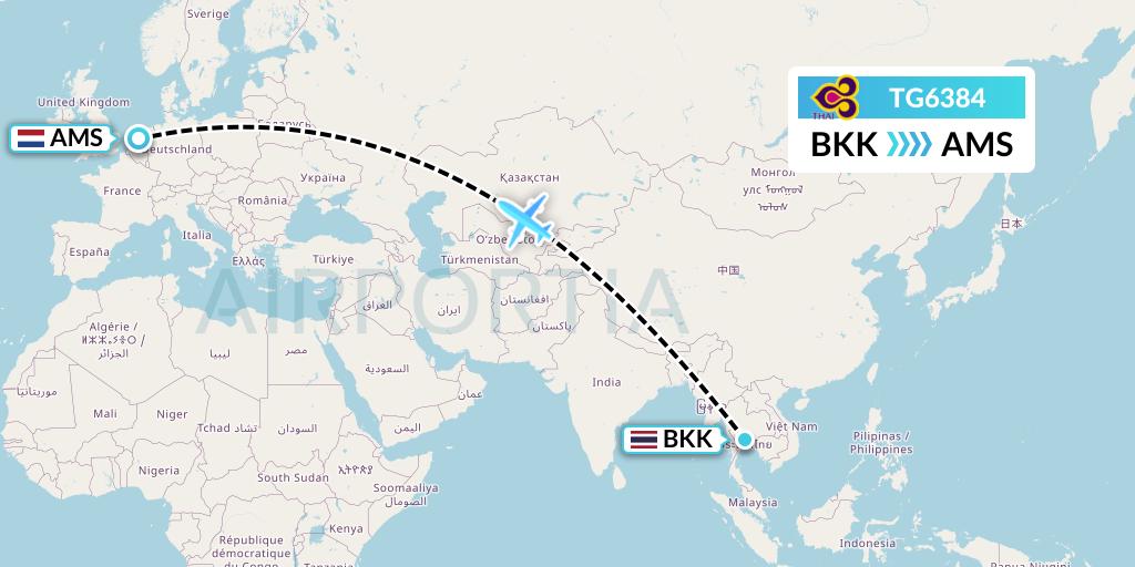 TG6384 Thai Airways Flight Map: Bangkok to Amsterdam