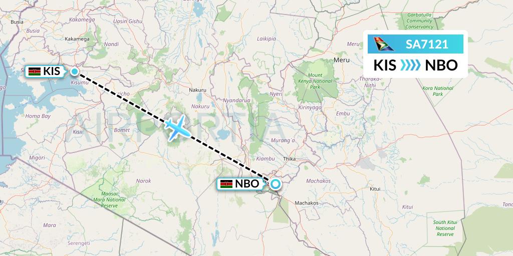 SA7121 South African Airways Flight Map: Kisumu to Nairobi