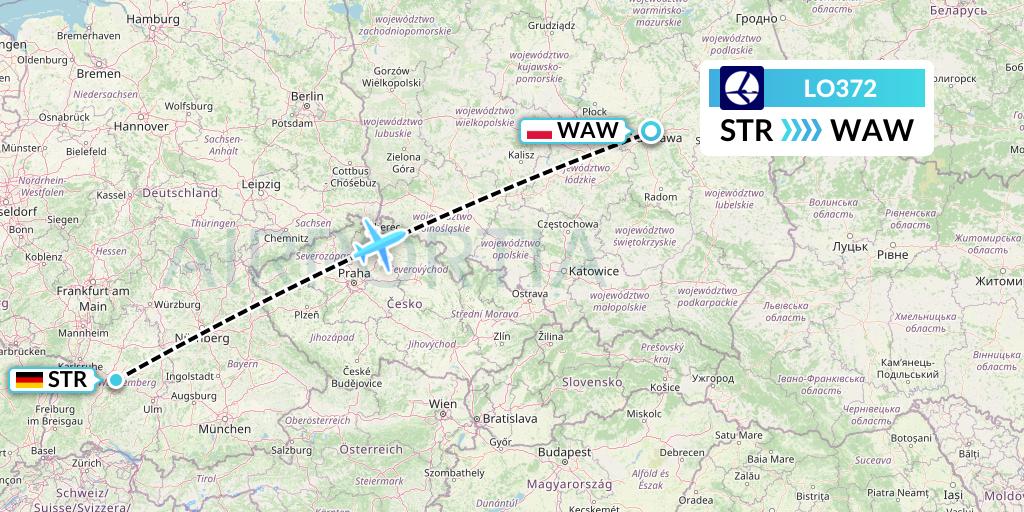 LO372 LOT Flight Map: Stuttgart to Warsaw