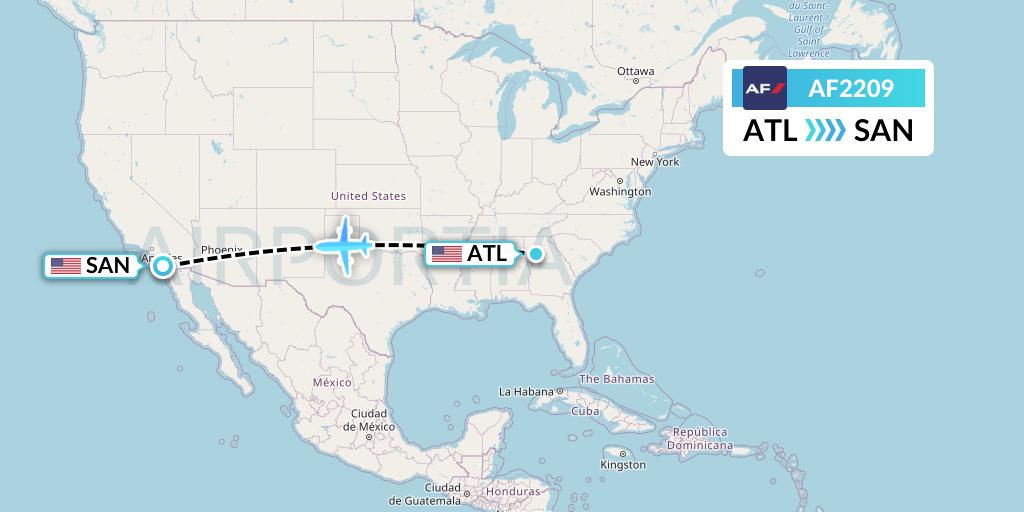 AF2209 Air France Flight Map: Atlanta to San Diego