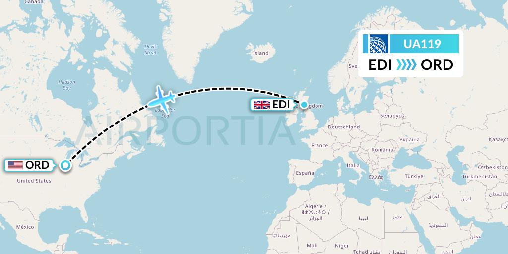 UA119 United Airlines Flight Map: Edinburgh to Chicago