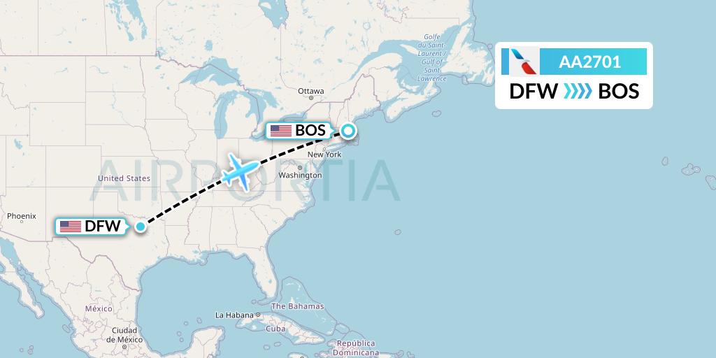 AA2701 American Airlines Flight Map: Dallas to Boston