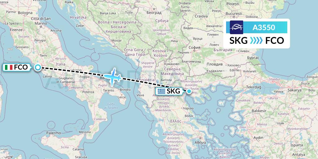 A3550 Aegean Airlines Flight Map: Thessaloniki to Rome
