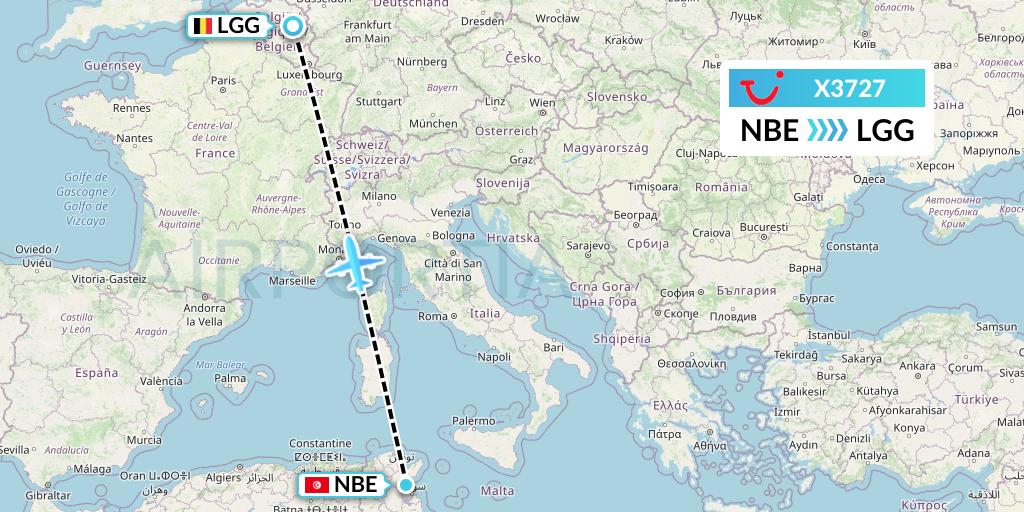 X3727 TUI fly Germany Flight Map: Enfidha to Liege