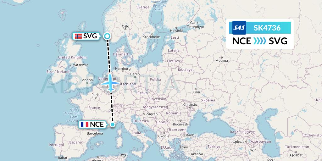 SK4736 SAS Flight Map: Nice to Stavanger