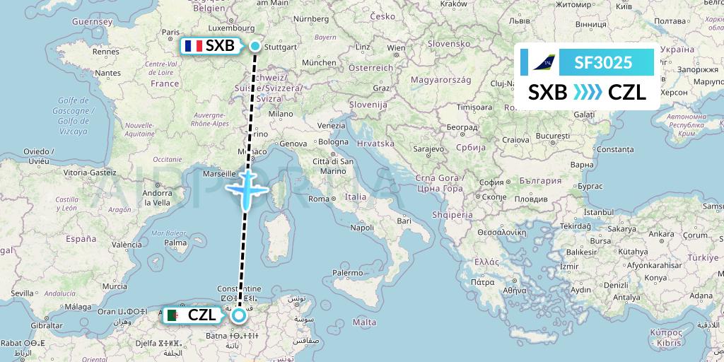 SF3025 Tassili Airlines Flight Map: Strasbourg to Constantine