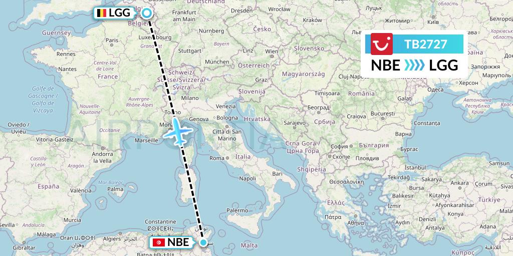 TB2727 TUI fly Belgium Flight Map: Enfidha to Liege