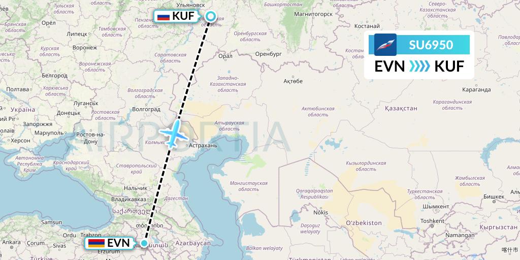 SU6950 Aeroflot Flight Map: Yerevan to Samara