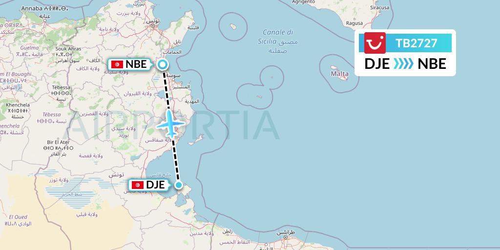 TB2727 TUI fly Belgium Flight Map: Djerba to Enfidha