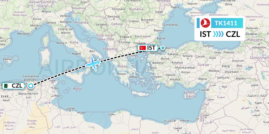 TK1411 Turkish Airlines Flight Map: Istanbul to Constantine