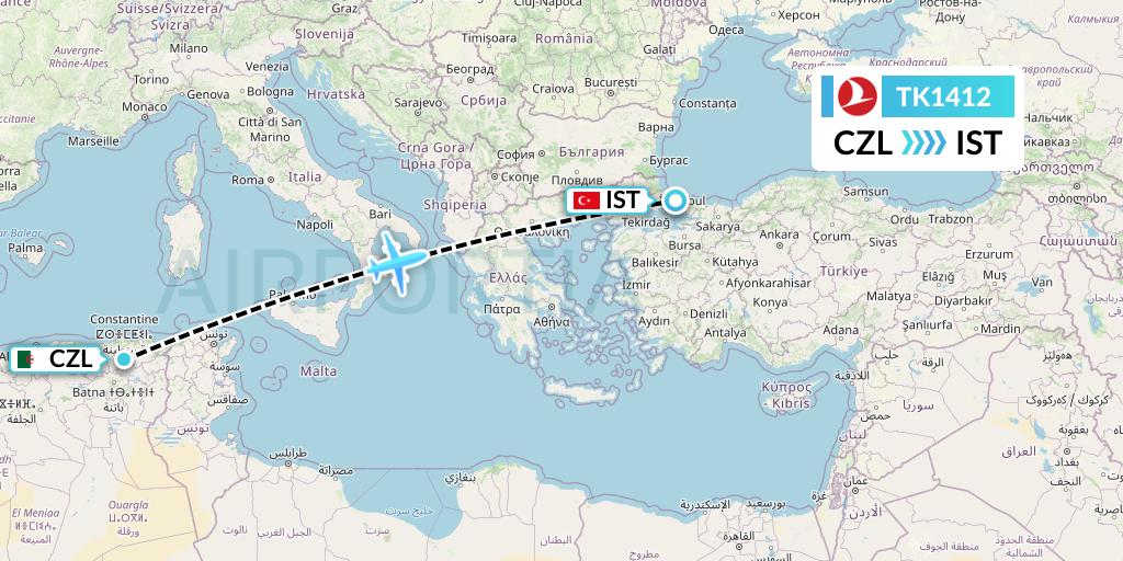 TK1412 Turkish Airlines Flight Map: Constantine to Istanbul