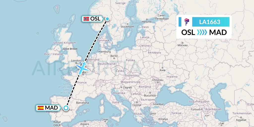 LA1663 LAN Airlines Flight Map: Oslo to Madrid