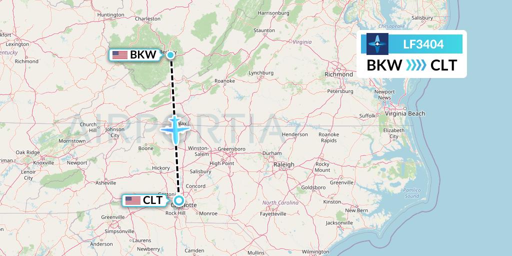 LF3404 Corporate Flight Management Flight Map: Beckley to Charlotte