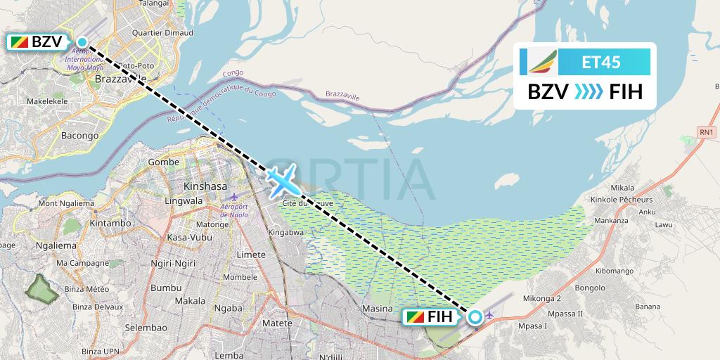 ET45 Ethiopian Airlines Flight Map: Brazzaville to Kinshasa