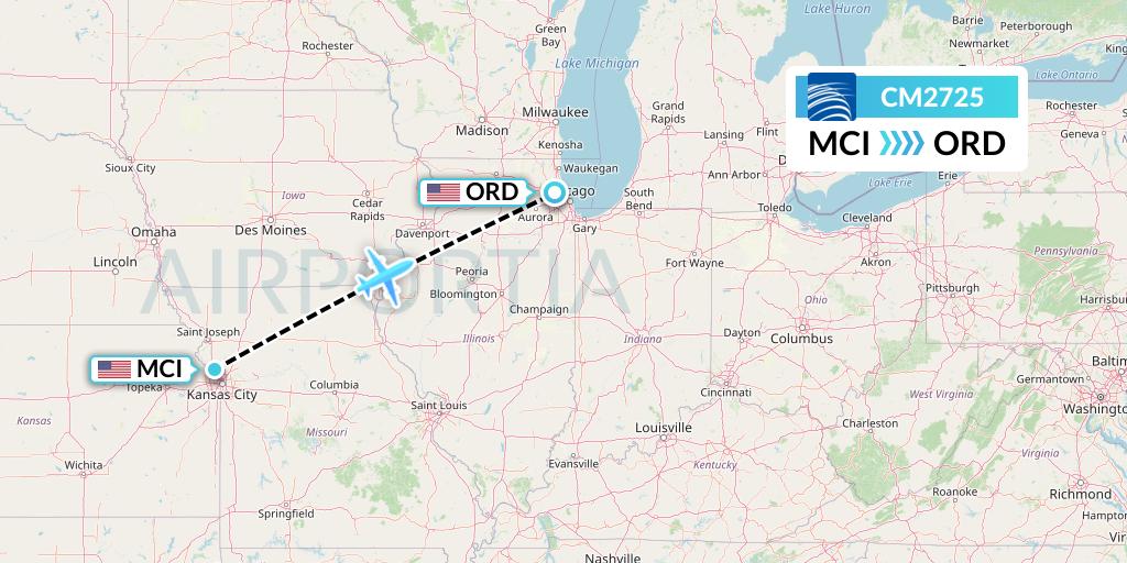 CM2725 Copa Airlines Flight Map: Kansas City to Chicago