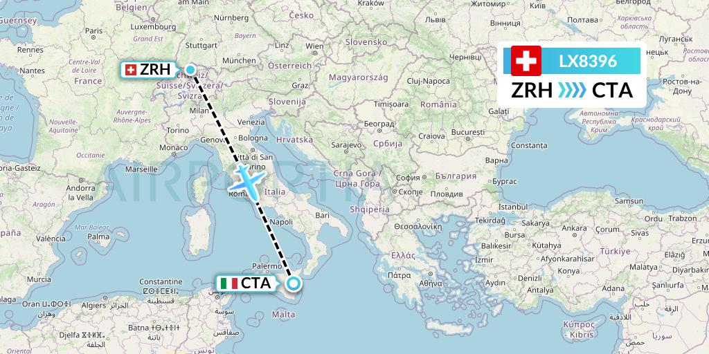 LX8396 Swiss Flight Map: Zurich to Catania