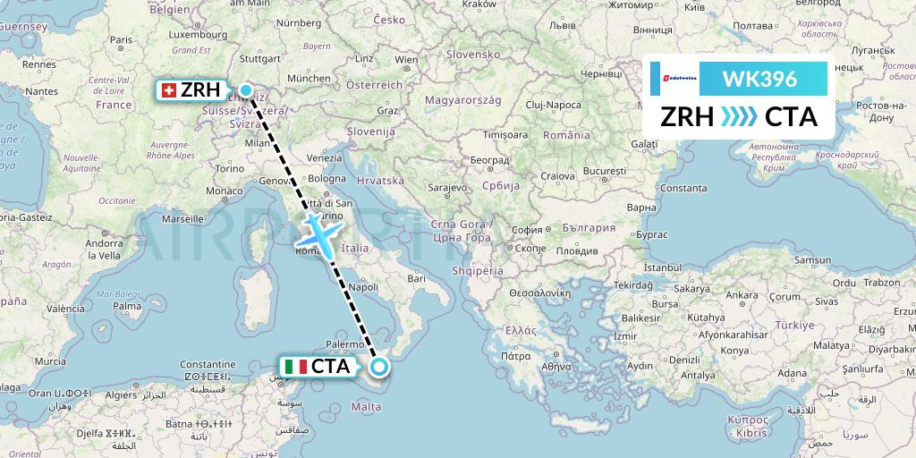 WK396 Edelweiss Air Flight Map: Zurich to Catania