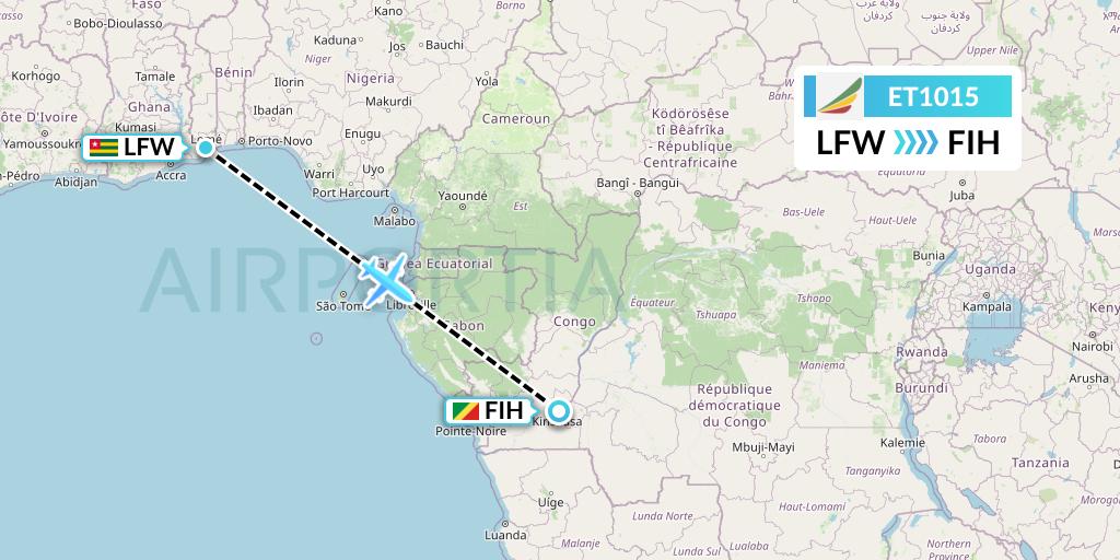 ET1015 Ethiopian Airlines Flight Map: Lome to Kinshasa