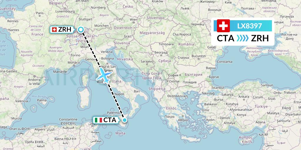 LX8397 Swiss Flight Map: Catania to Zurich