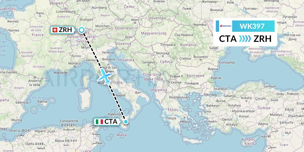 WK397 Edelweiss Air Flight Map: Catania to Zurich