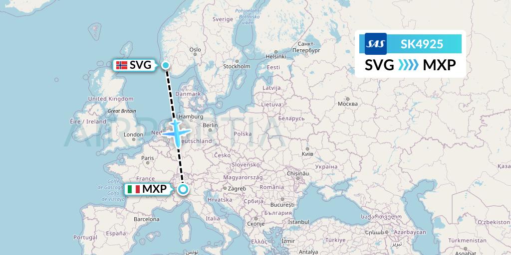 SK4925 SAS Flight Map: Stavanger to Milan