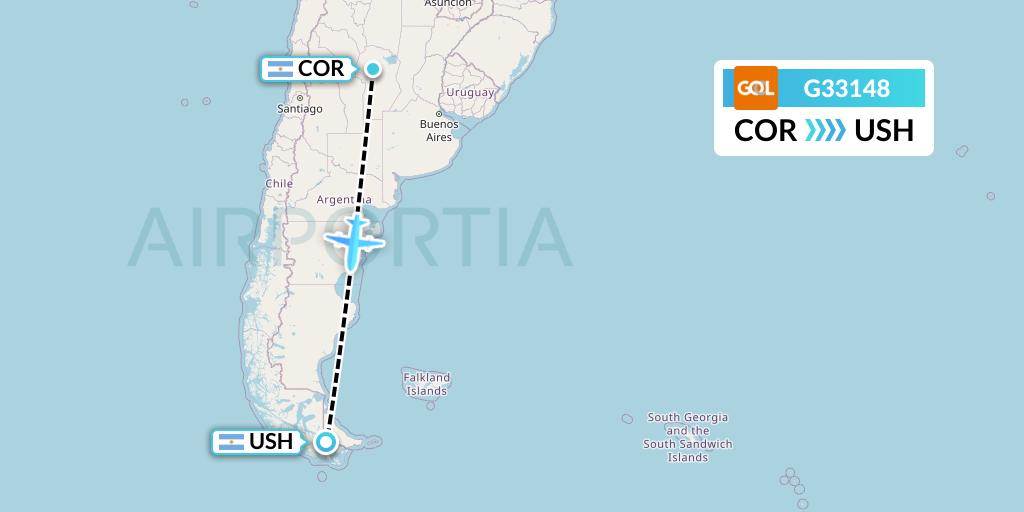 G33148 GOL Transportes Aeros Flight Map: Cordoba to Ushuaia