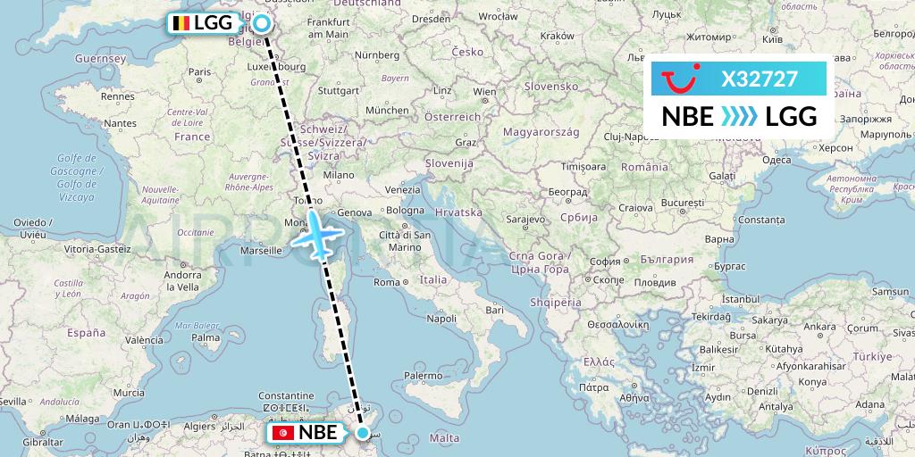 X32727 TUI fly Germany Flight Map: Enfidha to Liege