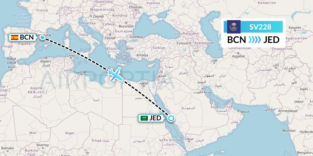 SV228 Saudi Arabian Airlines Flight Map: Barcelona to Jeddah